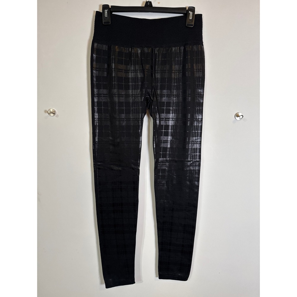 Copper Key Womens Black Metallic Silver Plaid Leggings High Waist Size L/XL